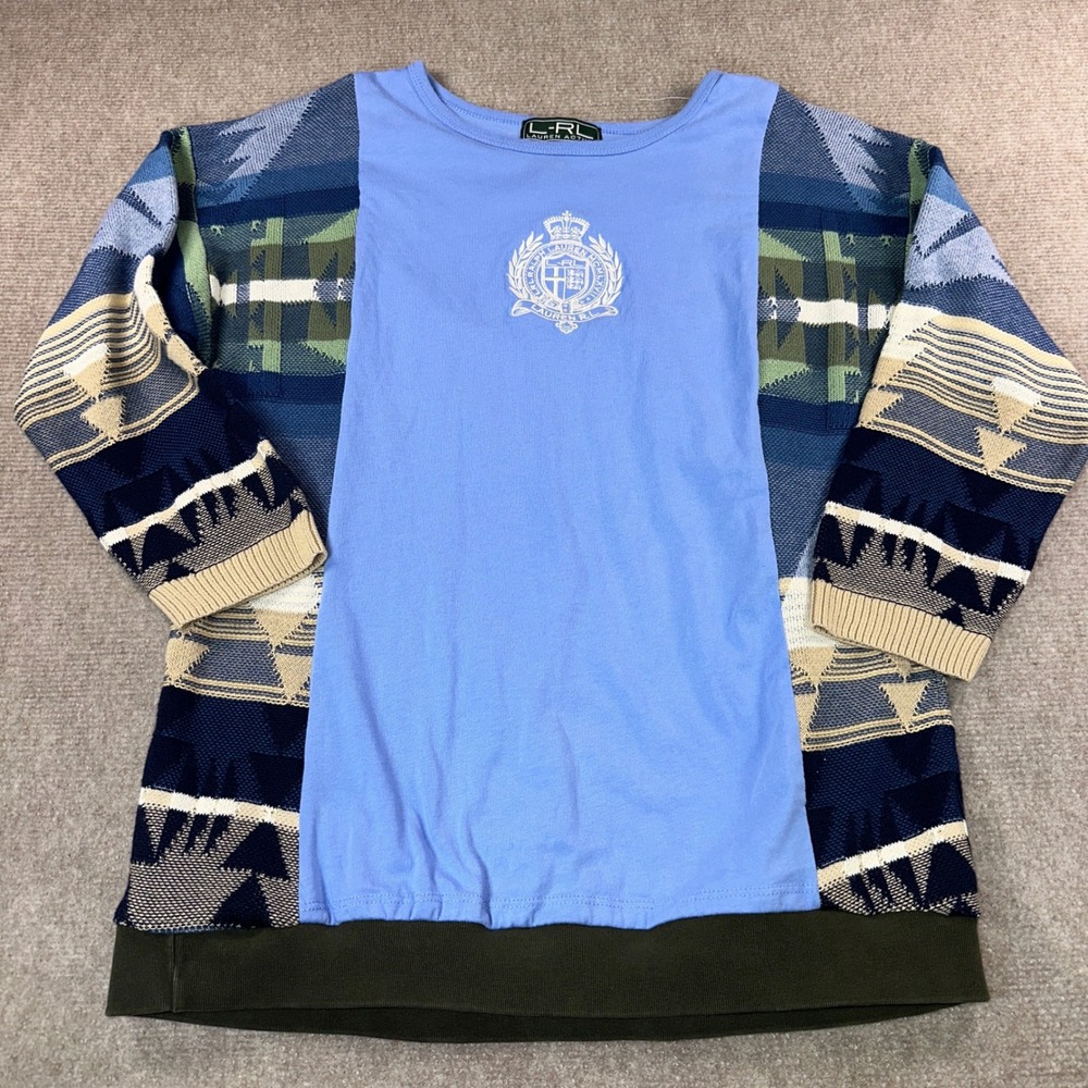 Lauren Ralph Lauren Active Mixed Media Southwestern Crest Knit Top Blue Large